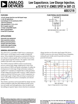 ADG1219. Low Capacitance, Low Charge Injection, ±15 V/12 V iCMOS® SPDT in SOT-23