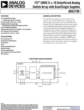 ADG2108. I2c(r) CMOS 8 x 10 Unbuffered Analog Switch Array with Dual/Single Supplies