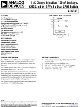 ADG636. 1pC Charge Injection, 100pA Leakage CMOS Dual SPDT Switch