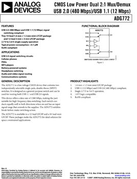 ADG772. CMOS Low Power Dual 2:1 Mux/Demux USB 2.0 (480 Mbps)/USB 1.1 (12 Mbps)