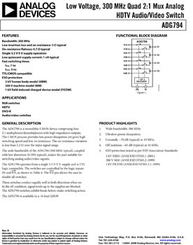 ADG794. Low Voltage, 300 MHz Quad 2:1 Mux Analog HDTV Audio/Video Switch