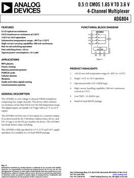 ADG804. 0.5 ohm CMOS 1.65 V TO 3.6 V 4-Channel Multiplexer