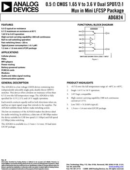 ADG824. 0.5 ohm CMOS 1.65 V to 3.6 V Dual SPDT/2:1 Mux in Mini LFCSP Package