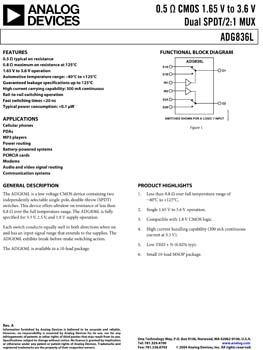 ADG836L. 0.5 ohm CMOS 1.65 V to 3.6 V Dual SPDT/2:1 MUX w/Guaranteed Leakage Performance