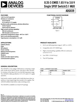 ADG839. 0.35 ohm CMOS 1.65 V to 3.6 V Single SPDT Switch/2:1 MUX