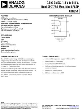 ADG854. 0.5 ohm CMOS 1.8 V TO 5.5 V Dual SPDT/2:1 MUX Mini LFCSP Package
