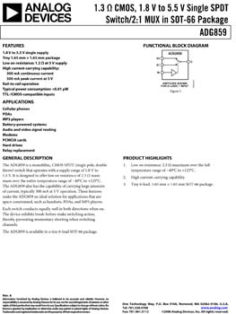 ADG859. 1.3 ohm CMOS, 1.8 V to 5.5 V Single SPDT Switch/2:1 MUX in SOT-66 Package 