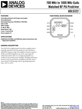 ADL5322. 700 MHz to 1000 MHz GaAs Matched RF PA Pre-Driver