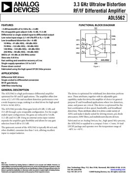 ADL5562. 3.3 GHz Ultralow Distortion RF/IF Differential Amplifier