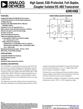 ADM2490E. High Speed ESD Protected Full-Duplex iCoupler(r) Isolated RS-485 Transceiver