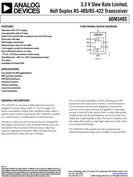 ADM3493. 3.3 V Slew Rate Limited, Half Duplex RS-485/RS-422 Transceiver