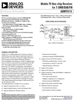 ADMTV315. Mobile TV One-chip Receiver for T-DMB/DAB/FM