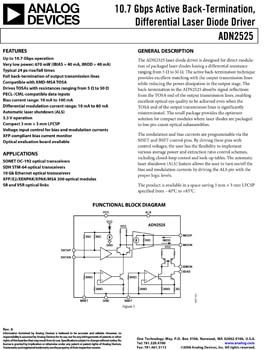 ADN2525. 10.7 Gbps Active Back-Termination, Differential Laser Diode Driver