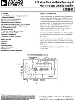ADN2804. 622 Mbps Clock and Data Recovery IC with Integrated Limiting Amplifier
