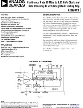 ADN2813. Continuous Rate 12.3 Mb/s to 1.25 Gb/s Clock and Data Recovery IC with Integrated Limiting Amp