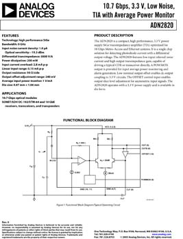 ADN2820. 10.7 Gbps Low Noise, High Gain Transimpedance Amplifier IC with Performance Monitor 