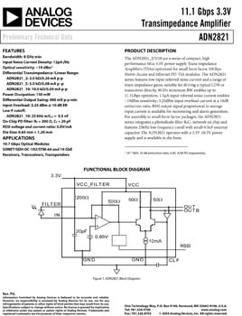 ADN2821. 11.1 Gbps 3.3V Low Noise High Gain Transimpedance Amplifier 