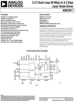 ADN2847. 3.3 V Dual-Loop 50 Mbps to 3.3 Gbps Laser Diode Driver