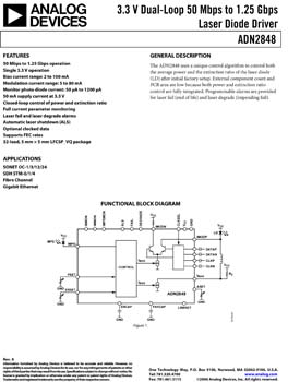 ADN2848. 3.3 V Dual-Loop 50 Mbps to 1.25 Gbps Laser Diode Driver