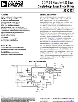 ADN2873. 3.3 V, 50 Mbps to 4.25 Gbps, Single-Loop, Laser Diode Driver