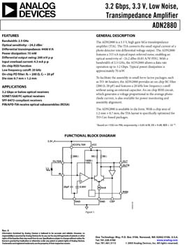 ADN2880. 3.2 Gbps 3.3V  Low Noise TIA for Small Form Factors