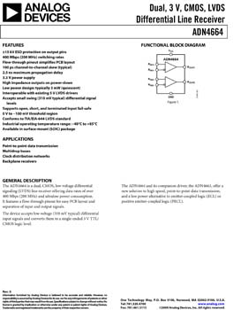 ADN4664. Dual, 3 V, CMOS, LVDS Differential Line Receiver