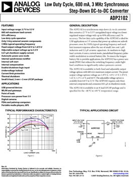 ADP2102. Low Duty Cycle, 600 mA, 3 MHz Synchronous Step-Down DC-to-DC Converter