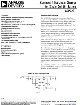 ADP2291. Compact, 1.5 A Linear Charger for Single-Cell Li+ Battery