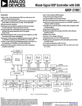 ADSP-21992. High-Performance Mixed Signal DSP, 160 MHz, 32K Program, 16K Data Memory RAM