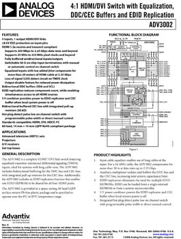 ADV3002. 4:1 HDMI/DVI Switch with Equalization DDC/CEC Buffers and EDID Replication