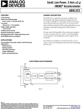 ADXL323. Small, Low Power, 2-Axis ±3g iMEMS(r) Accelerometer