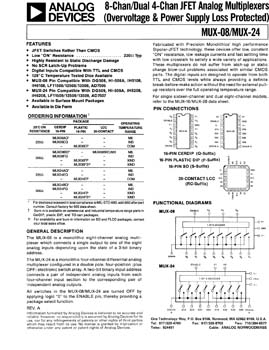 MUX08. 8-Chan/Dual 4-Chan JFET Analog Multiplexers (Overvoltage & Power Supply Loss Protected)