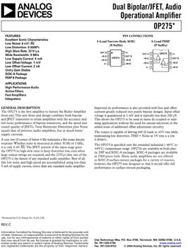 OP275. Dual Bipolar/JFET, Audio Operational Amplifier