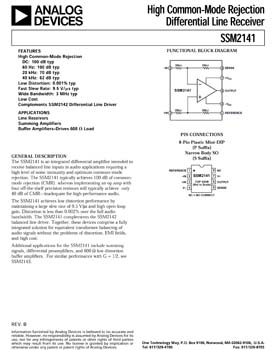 SSM2141. High Common-Mode Rejection Differential Line Receiver