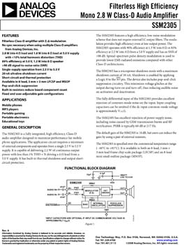 SSM2305. Filterless High Efficiency Mono 2.8 W Class-D Audio Amplifier