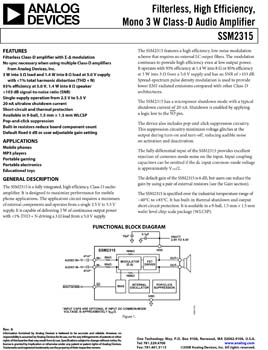 SSM2315. Filterless, High Efficiency, Mono 3 W Class-D Audio Amplifier