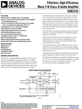 SSM2335. Filterless, High Efficiency, Mono 3 W Class-D Audio Amplifier