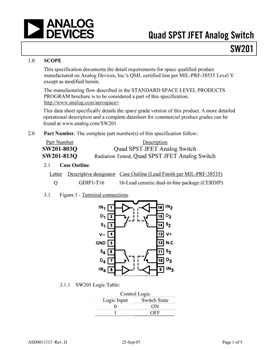 SW201S. Aerospace Quad SPST JFET Analog Switch